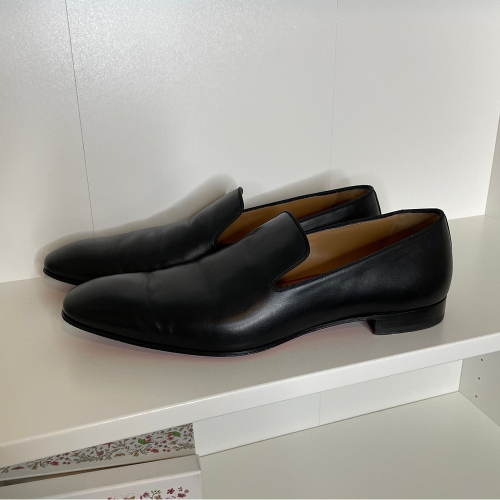 christian louboutin men’s black calf skin leather red bottom loafers dandelion